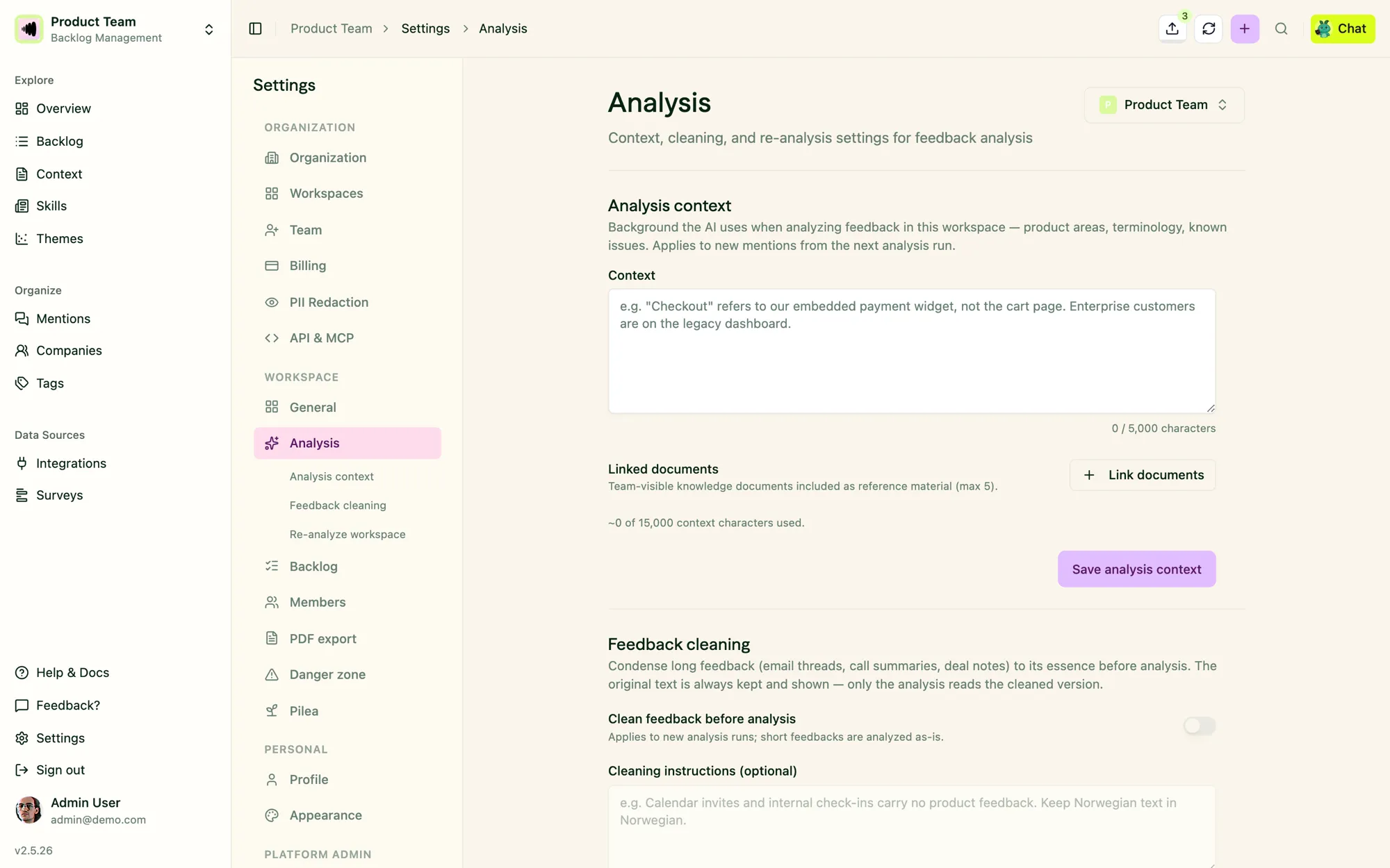 Workspace analysis settings: analysis context and the feedback-cleaning toggle