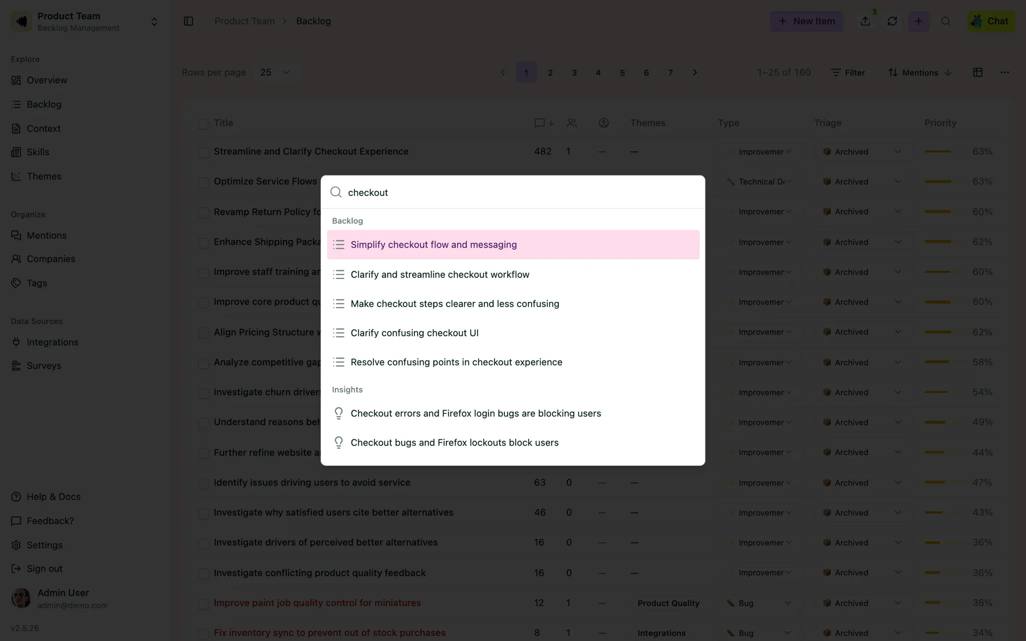 The ⌘K command palette searching for ‘checkout’ across backlog items and insights