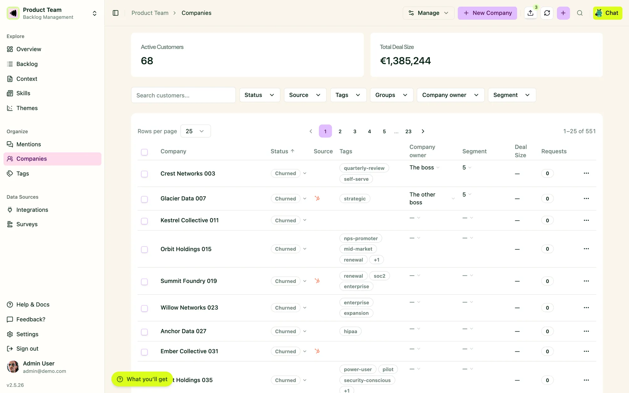 The Companies list with a custom Segment field as a column and a filter
