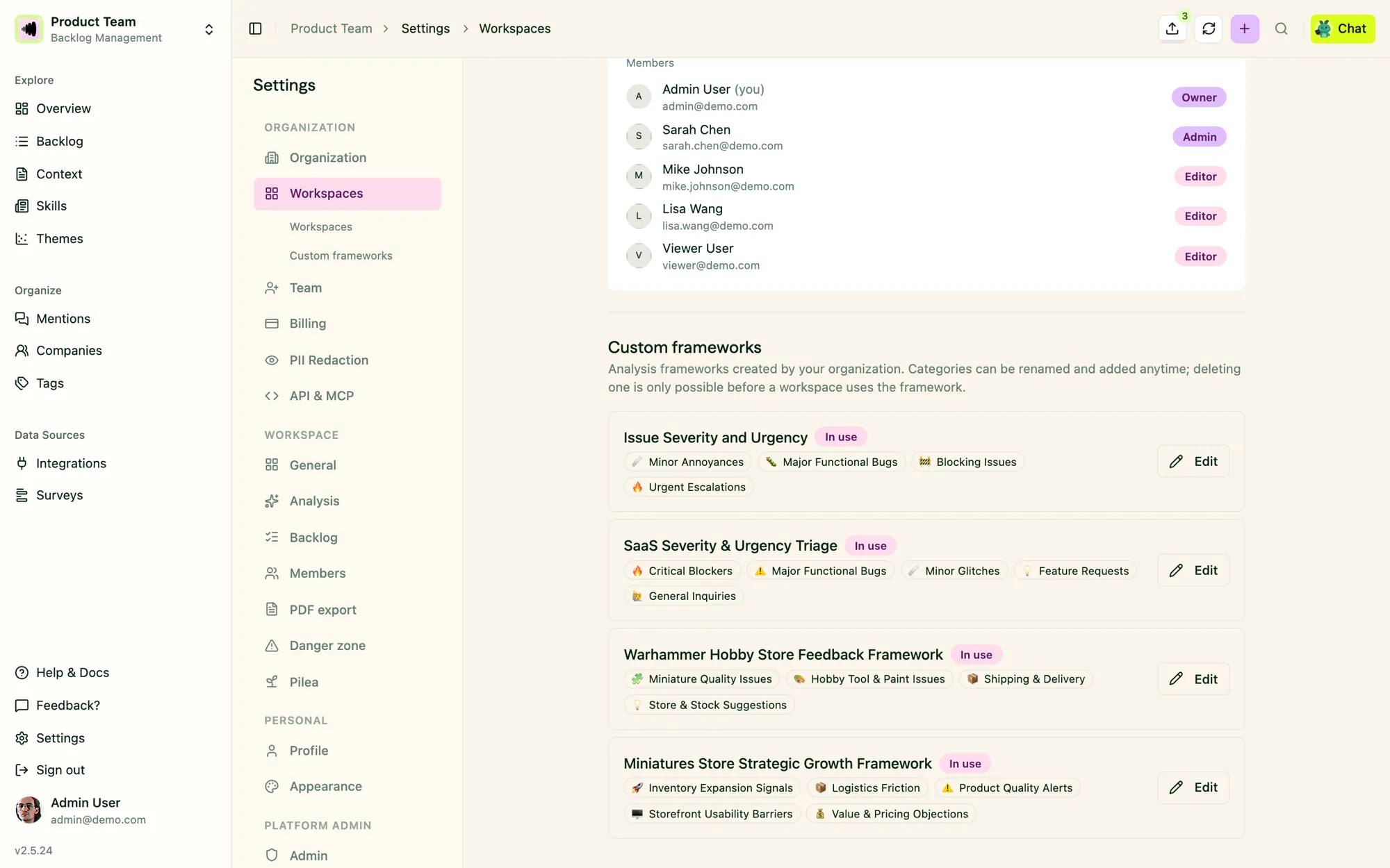 A custom analysis framework, ‘Issue Severity and Urgency’, in use on a workspace