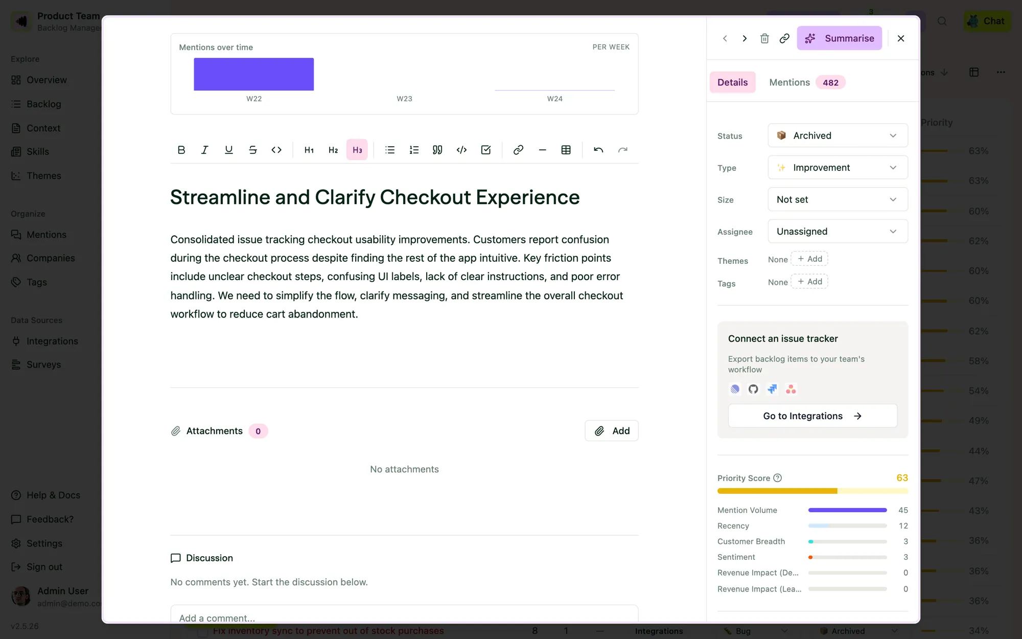 A backlog item detail with the mentions-over-time chart and priority breakdown