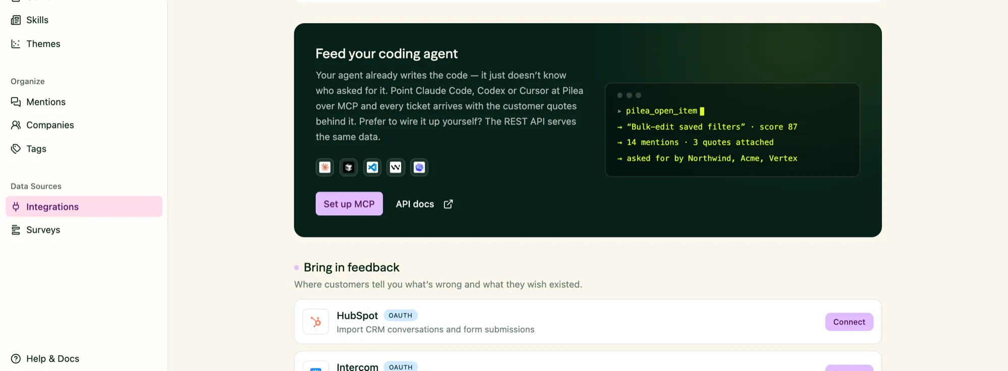 The ‘Feed your coding agent’ panel on the Integrations page, with a Set up MCP button