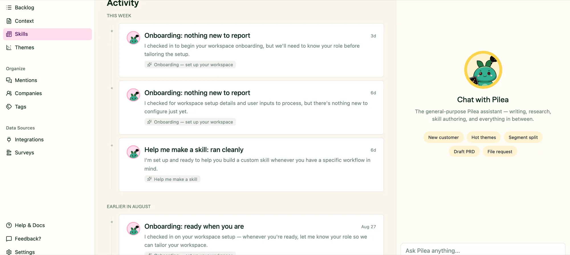 The Activity feed showing Pilea’s updates, each labelled with the skill that produced it
